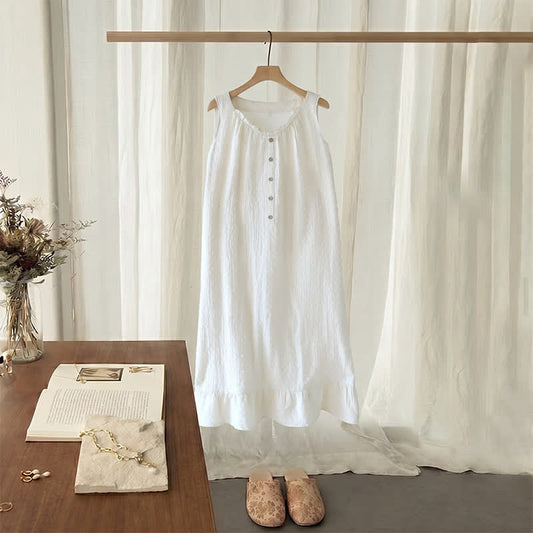 White Cotton Textured Sleeveless Lounge Dress