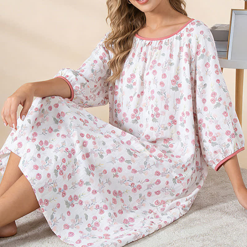 Pastoral Pink Floral Cotton Sleep Dress