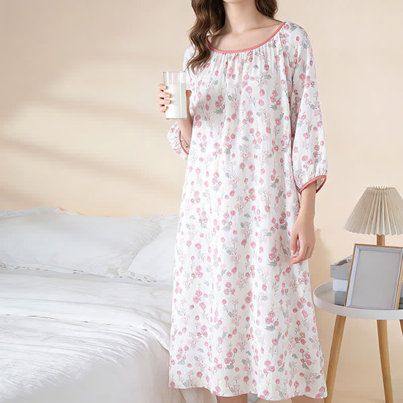 Pastoral Pink Floral Cotton Sleep Dress