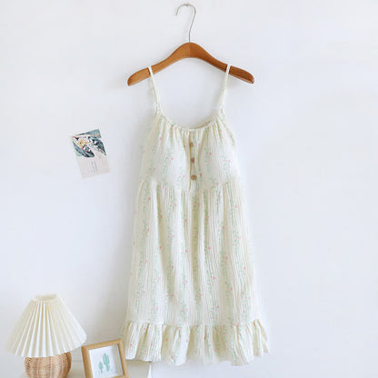 Fresh Floral Leaf Cotton Ruffle Nightgown