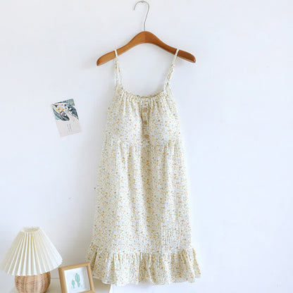 Floral & Leaf Cotton Ruffle Lounge Dress