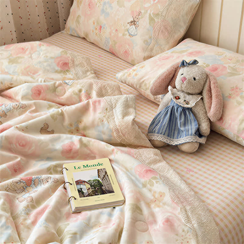 Cream Lace Bunny Cotton Bedding Set