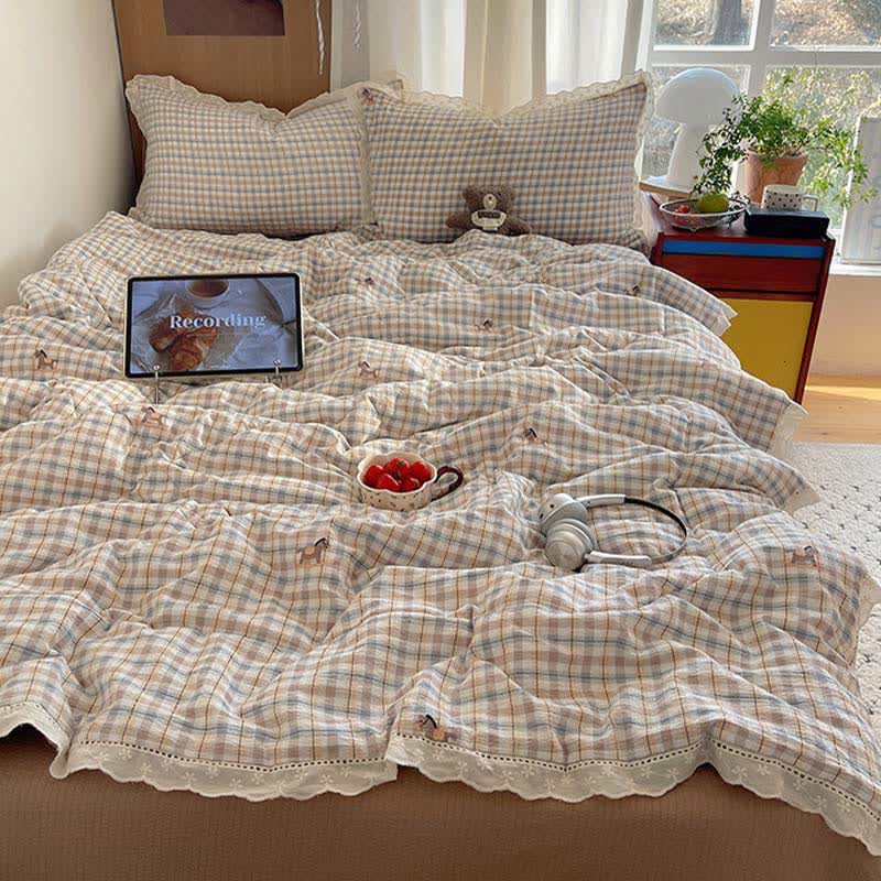 Brown Plaid Ruffle Lace Summer Bedding Set