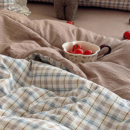 Brown Plaid Ruffle Lace Summer Bedding Set