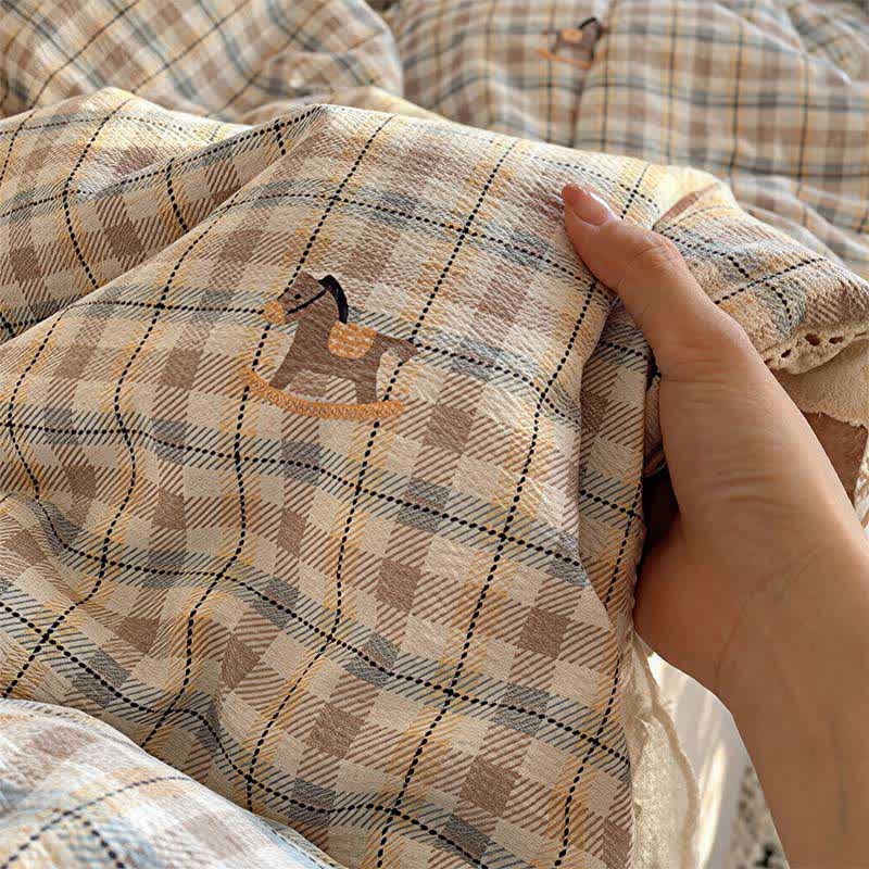 Brown Plaid Ruffle Lace Summer Bedding Set