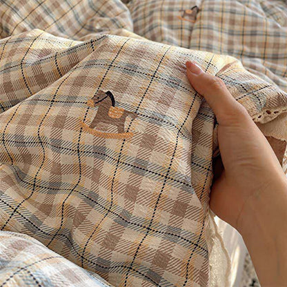Brown Plaid Ruffle Lace Summer Bedding Set