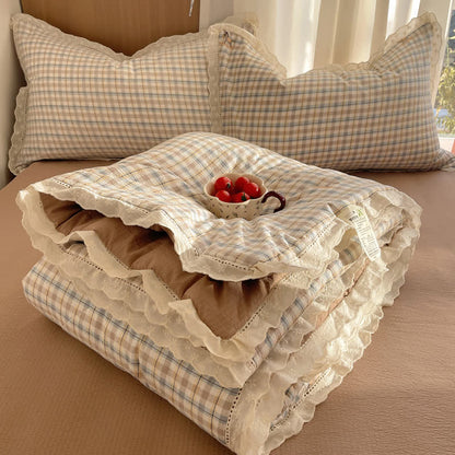 Brown Plaid Ruffle Lace Summer Bedding Set