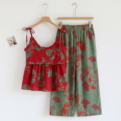 Ginkgo Leaf Cami Ruffled Pajama Set