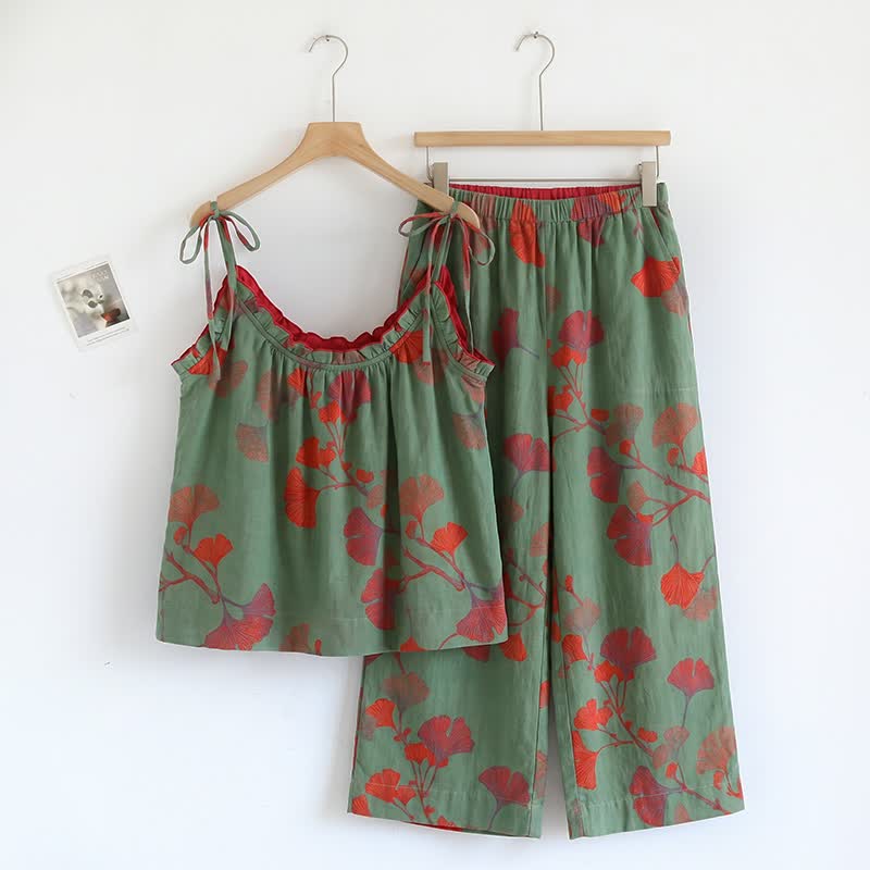 Ginkgo Leaf Cami Ruffled Pajama Set