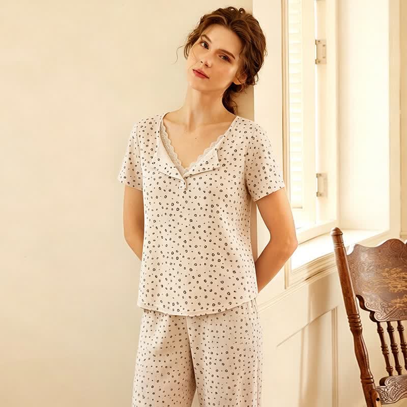 Soft Leopard Print Lace Trim Pajamas