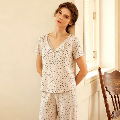 Soft Leopard Print Lace Trim Pajamas