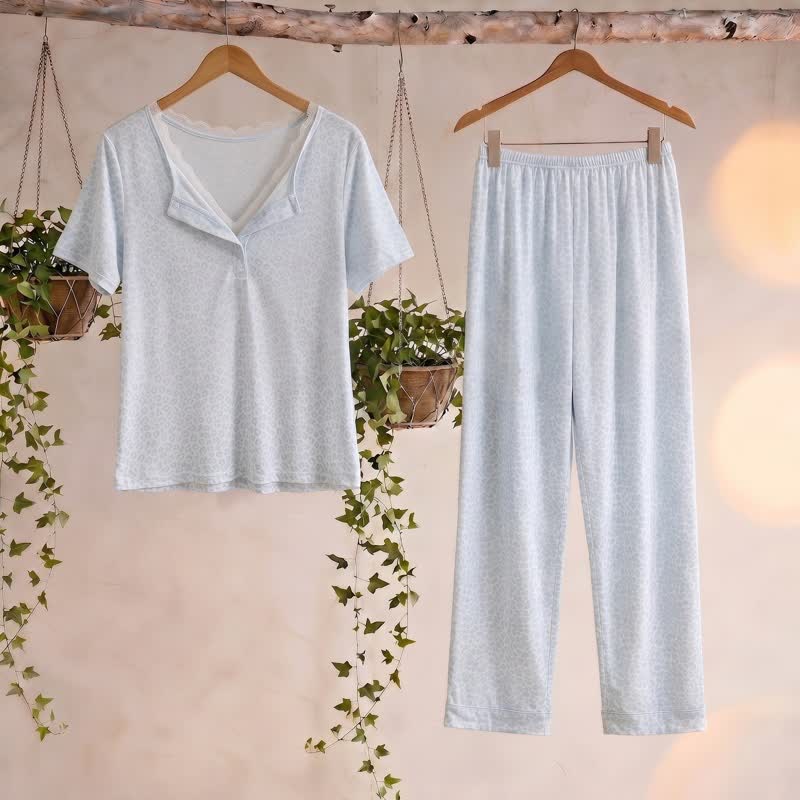 Soft Leopard Print Lace Trim Pajamas