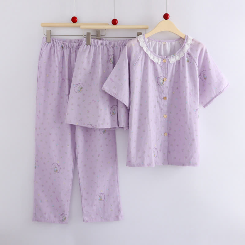 Purple Bunny & Floral Cotton Loungewear Set(3PCS)