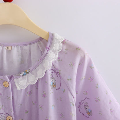 Purple Bunny & Floral Cotton Loungewear Set(3PCS)
