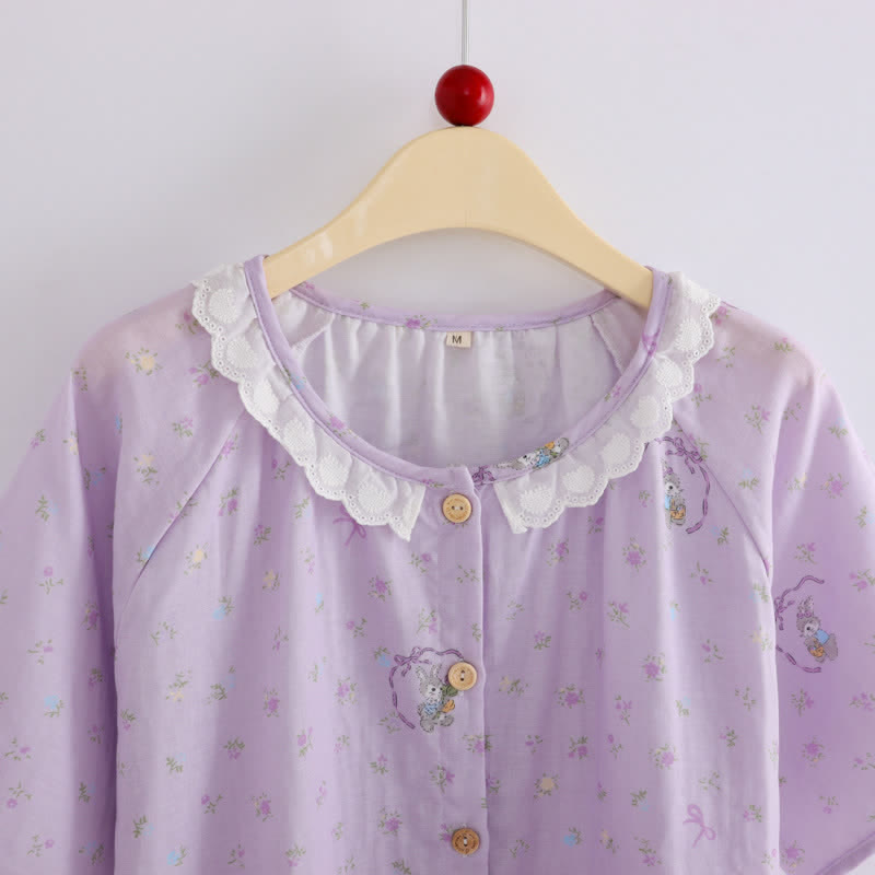 Purple Bunny & Floral Cotton Loungewear Set(3PCS)