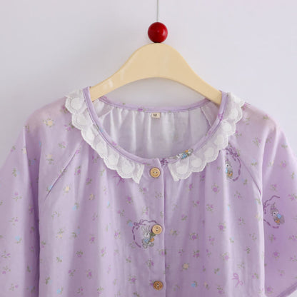 Purple Bunny & Floral Cotton Loungewear Set(3PCS)