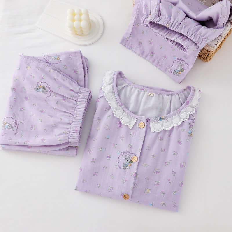 Purple Bunny & Floral Cotton Loungewear Set(3PCS)