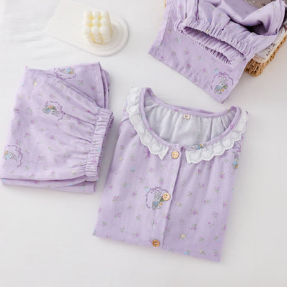 Purple Bunny & Floral Cotton Loungewear Set(3PCS)