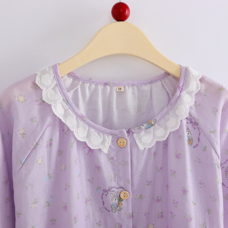 Purple Bunny & Floral Cotton Loungewear Set(3PCS)