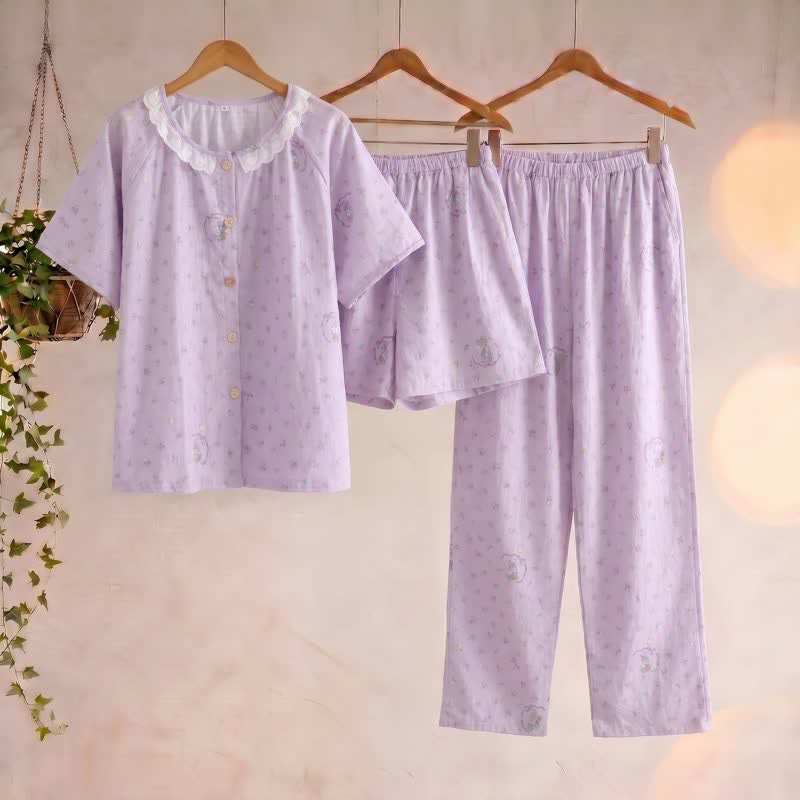 Purple Bunny & Floral Cotton Loungewear Set(3PCS)