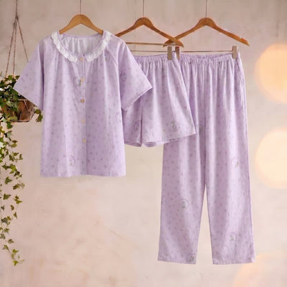 Purple Bunny & Floral Cotton Loungewear Set(3PCS)