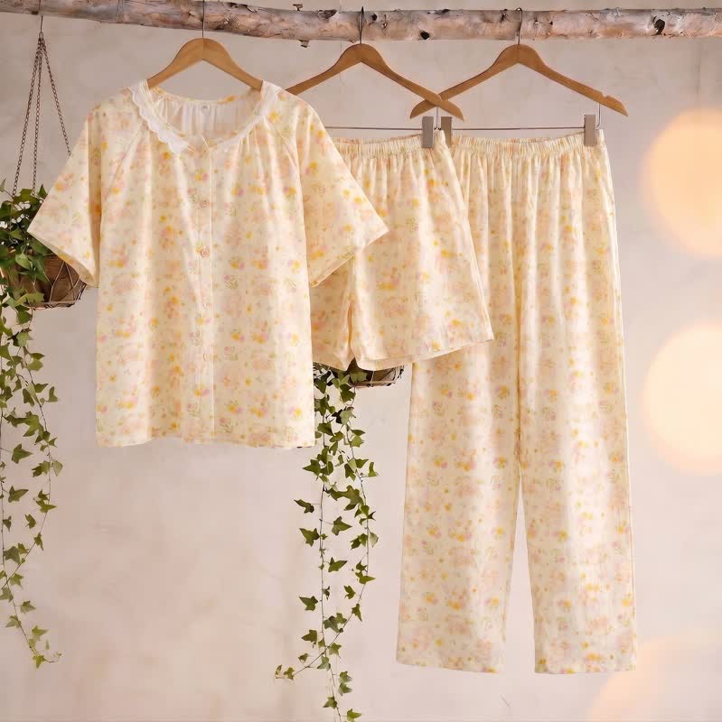 Apricot Floral Cotton Ruffle Loungewear Set(3PCS)
