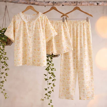 Apricot Floral Cotton Ruffle Loungewear Set(3PCS)
