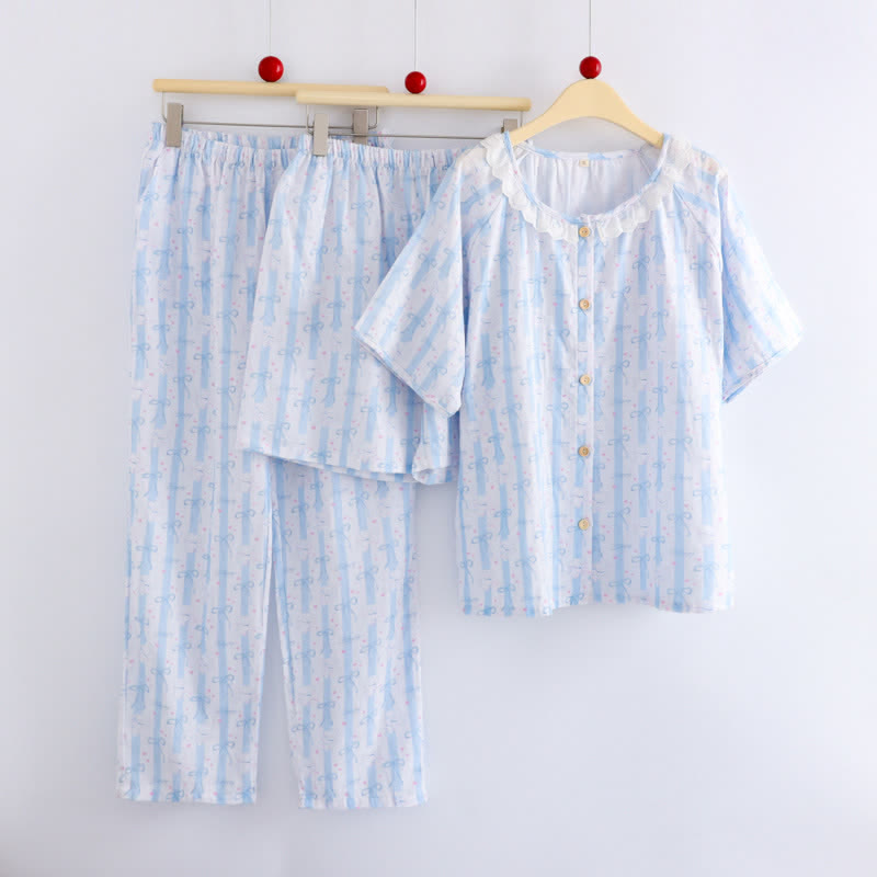 Blue Bow Print Cotton Ruffle Pajamas(3PCS)