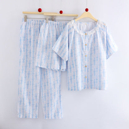 Blue Bow Print Cotton Ruffle Pajamas(3PCS)