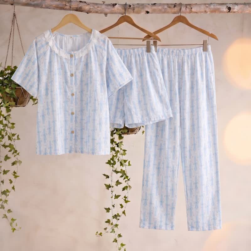 Blue Bow Print Cotton Ruffle Pajamas(3PCS)