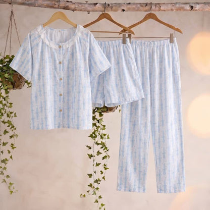 Blue Bow Print Cotton Ruffle Pajamas(3PCS)