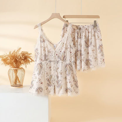 French Floral Cotton Lace Loungewear Set