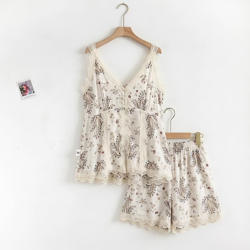French Floral Cotton Lace Loungewear Set