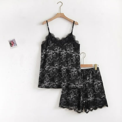 Black Floral Lace Cami Lounge Set
