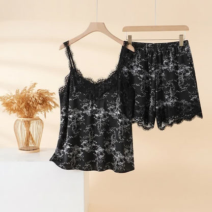 Black Floral Lace Cami Lounge Set