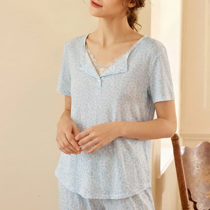 Soft Leopard Print Lace Trim Pajamas