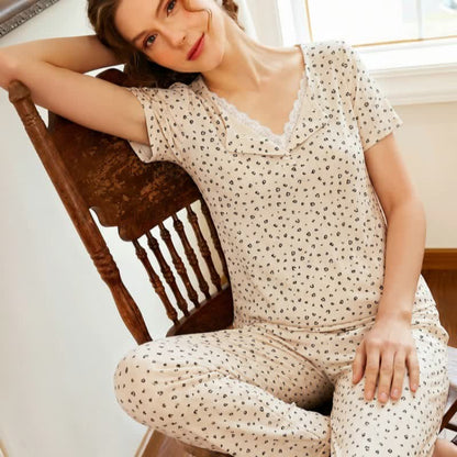 Soft Leopard Print Lace Trim Pajamas
