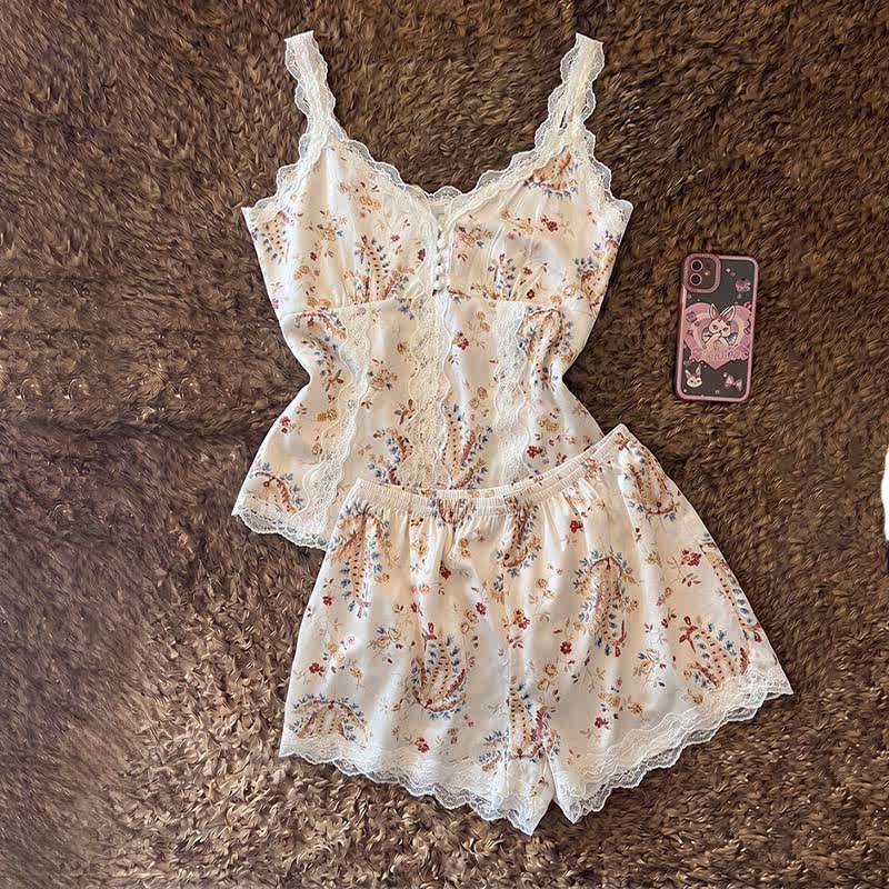 French Floral Cotton Lace Loungewear Set