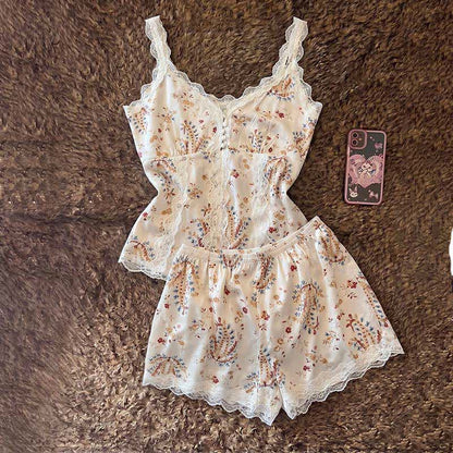 French Floral Cotton Lace Loungewear Set