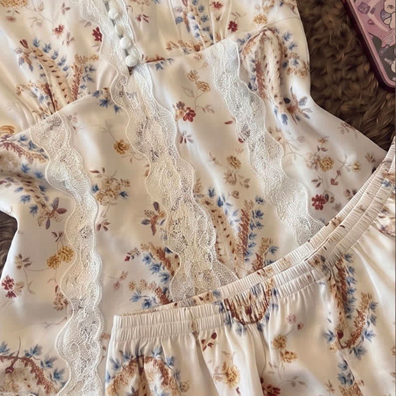 French Floral Cotton Lace Loungewear Set