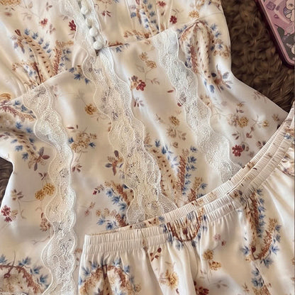 French Floral Cotton Lace Loungewear Set
