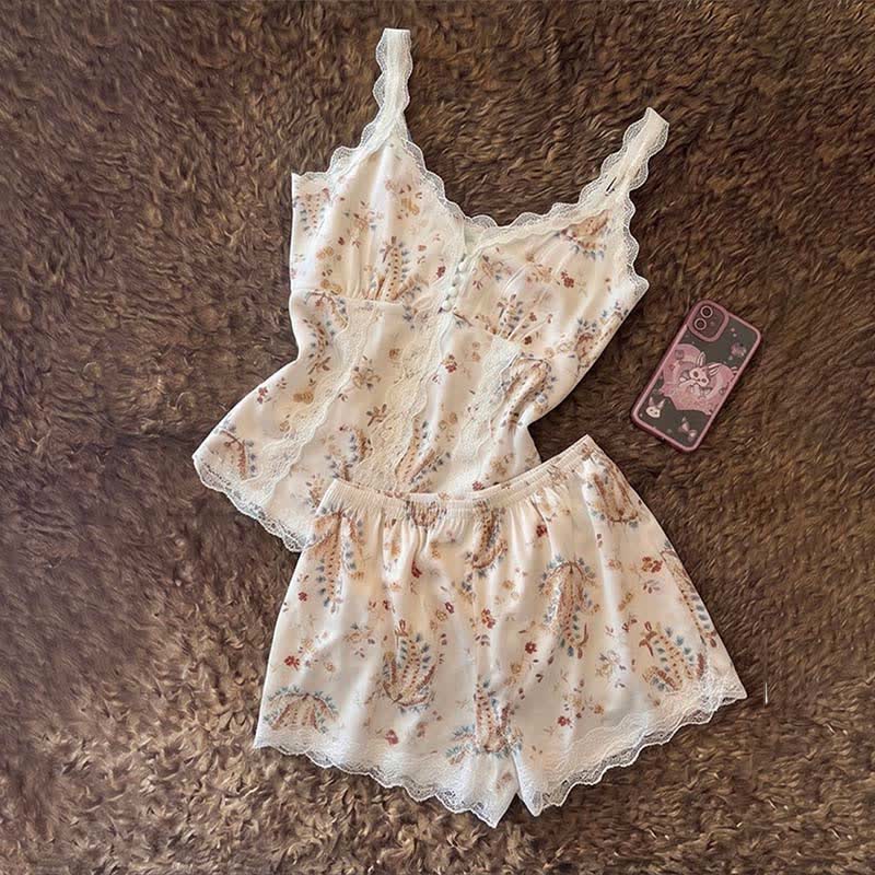 French Floral Cotton Lace Loungewear Set
