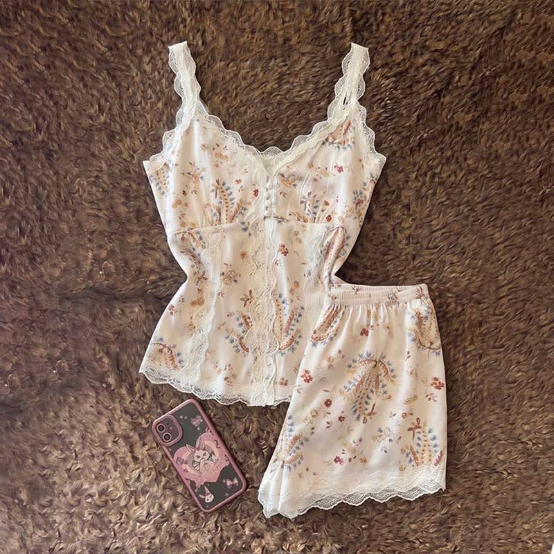 French Floral Cotton Lace Loungewear Set