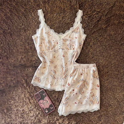 French Floral Cotton Lace Loungewear Set