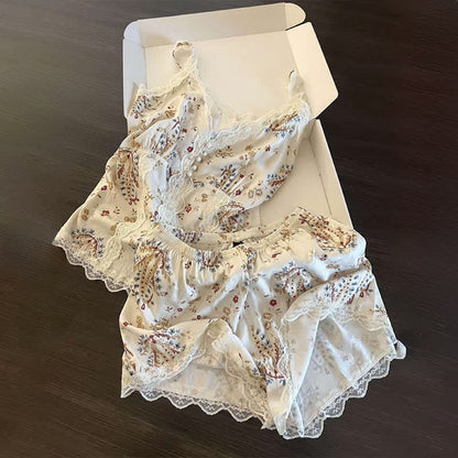 French Floral Cotton Lace Loungewear Set