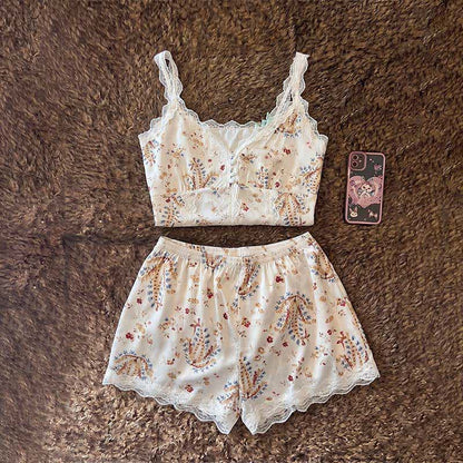 French Floral Cotton Lace Loungewear Set