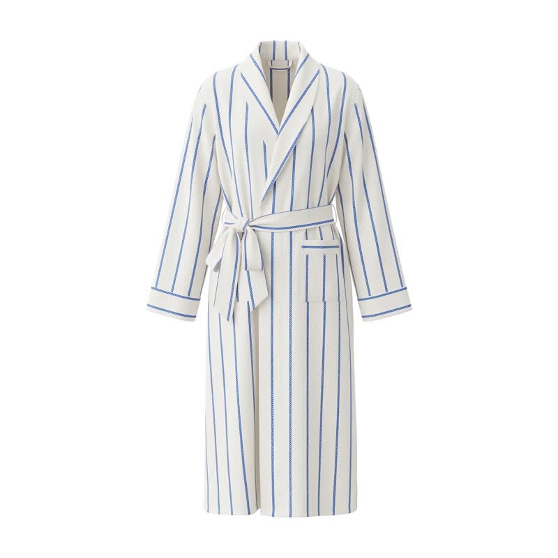 Blue Striped Cotton Long Bathrobe with Belt & Pockets