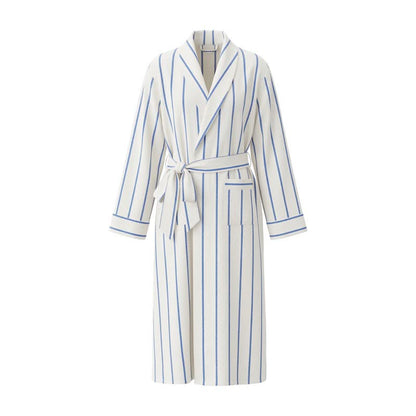 Blue Striped Cotton Long Bathrobe with Belt & Pockets