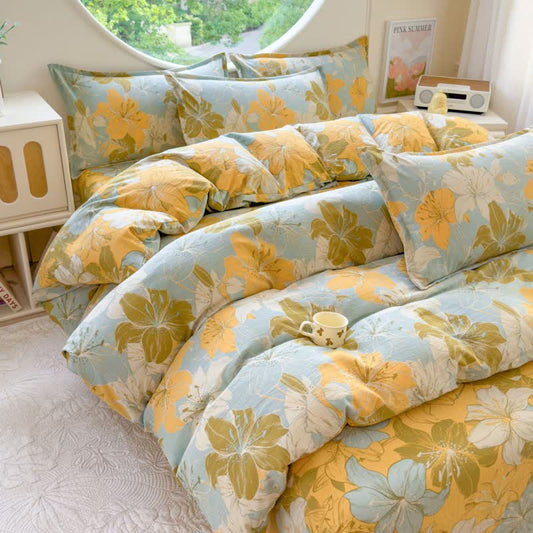 Lily Floral Cotton Double Gauze Bedding(4PCS) 4PCS Autumn bed Bed Blanket Bed Sheet bedding Bedding Set Bedding Sets Bohemian Bedding Set Duvet Cover Full Full Size King King Size Lily newin260615 Pastoral Pillow Case pillow sham Queen Queen Size Quilt Cover Rural Set sham Spring Yellow