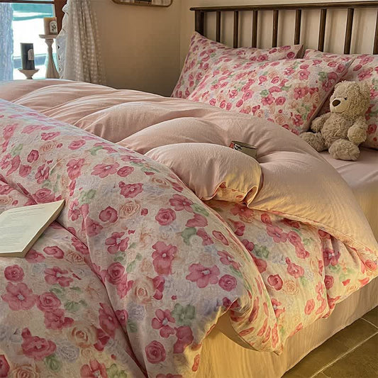 Cottagecore Pink Floral Cotton Gauze Bedding(4PCS) 4PCS Autumn bed Bed Blanket Bed Sheet bedding Bedding Set Bedding Sets Bohemian Bedding Set Duvet Cover Floral Full Full Size King King Size newin260615 Pastoral Pillow Case pillow sham Pink Queen Queen Size Quilt Cover Rural Set sham Spring